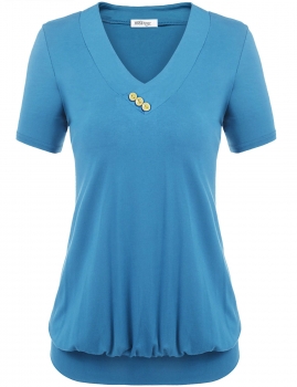 

Blue Decorative Button Pleated V-Neck Short Sleeve Solid Pullover Elastic T-Shirts, Multicolor