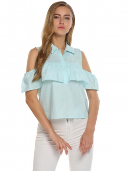 

Blue Solid Cold Shoulder Turn Down Collar Ruffle Casual Tops, Multicolor