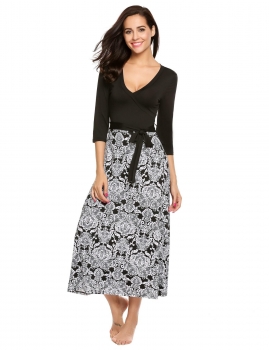 

Black Plunging Neck Patchwork Prints Belted Maxi Dress, Multicolor