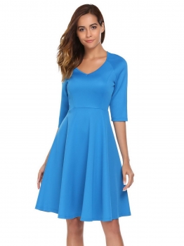 

Blue Half Sleeve Solid Back Zipper A-Line Dress, Multicolor