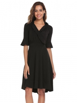

Black Flare Sleeve Solid Ruffle Trimmed A-Line Dress, Multicolor