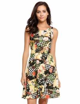 

Black Sleeveless Floral O Neck Sexy Skater Dress, Multicolor