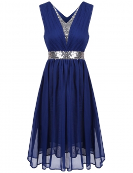 

Blue Sequins Patchwork Elastic Waist Ruched Chiffon Dress, Multicolor