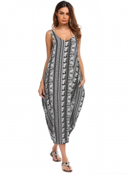 

Tribal Print Back Lace Up Loose Maxi Dress, Multicolor