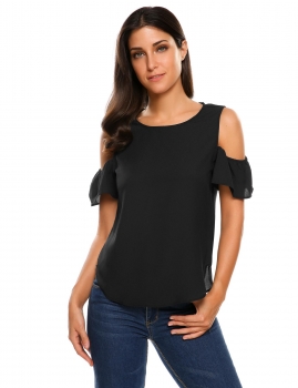 

Black Solid Cold Shoulder Short Sleeve Chiffon Tops, Multicolor