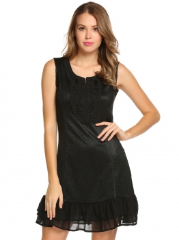 

Black Sleeveless Applique Ruffles Square Neck A-Line Dress, Multicolor