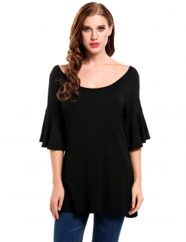 

Black Casual Boat Neck Half Flare Sleeve A-Line Elastic Pullover T-Shirt, Multicolor