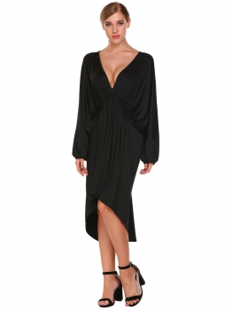 

Black Plunging-Neck Batwing Sleeve Ruched Asymmetrical Dress, Multicolor