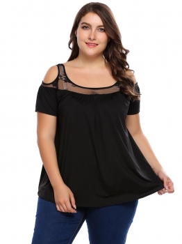 

Black Plus Size Cold Shoulder Short Sleeve Hollow Lace Patchwork Tops, Multicolor