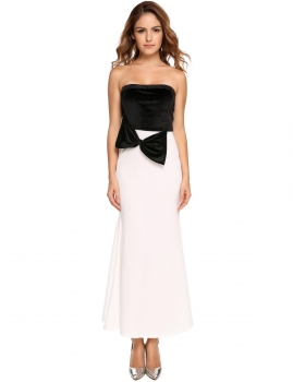 

White black Spaghetti Strap Velvet Patchwork Bowknot Fishtail Dress, Multicolor