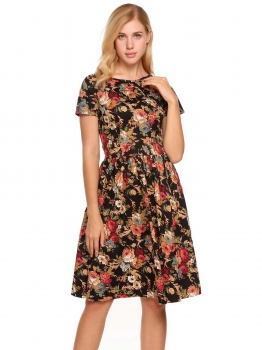 

Black Floral O-Neck Short Sleeve Back Lace Up A-Line Dress, Multicolor
