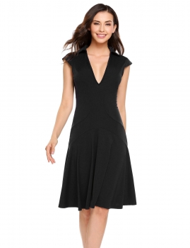 

Black Deep V-Neck Cap Sleeve Solid A-Line Swing Dress, Multicolor