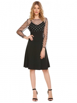 

Black Mesh Dot Patchwork A-Line Dress, Multicolor