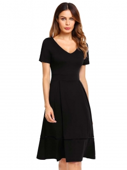 

Black V-Neck Short Sleeve Solid A-Line Dress, Multicolor