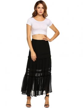 

Black High Elastic Waist Chiffon Patchwork Pleated Skirt, Multicolor