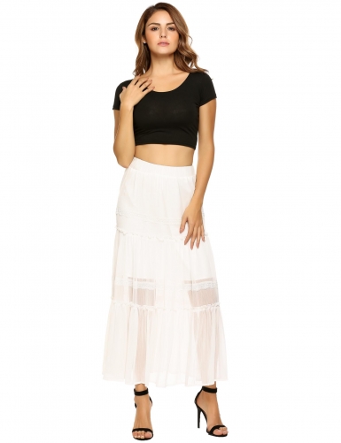 white high elastic waist chiffon patchwork pleated skirt