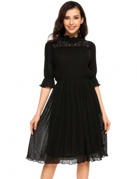 

Black Lace Patchwork Stand Collar High Waist Pleated Dress, Multicolor