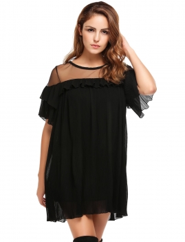 

Black O-Neck Ruffle Mesh Patchwork Loose Dress, Multicolor