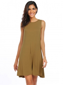 

Army green Solid Sleeveless Back Cut-out O Neck Loose Party Dress, Multicolor