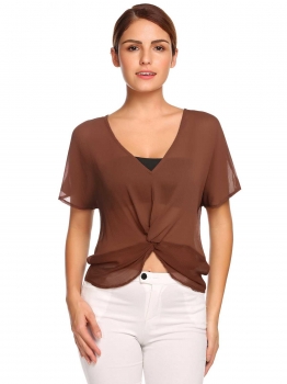 

Brown V-Neck Short Sleeve Solid Front Pleated Knot Chiffon Blouse, Multicolor