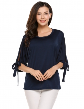 

Dark blue Half Split Tie Sleeve Sleeve O Neck Solid Pullover Tops, Multicolor