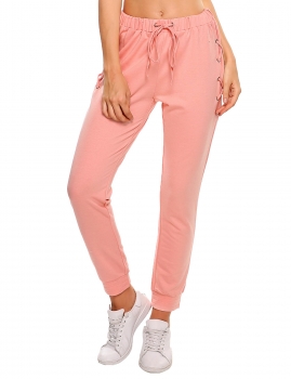 

Pink Drawstring Elastic Waist Criss Cross Solid Casual Jogger Pants, Multicolor