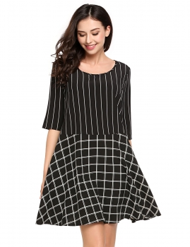 

Black Half Sleeve Striped Plaid Patchwork A-line Short Dress, Multicolor