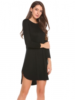 

Black Rayon Long Sleeve Solid Neck Split Loose Dress, Multicolor