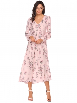 

Pink Long Sleeve Floral Loose Maxi Dress, Multicolor