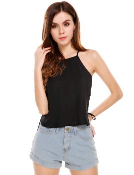 

Black Square Collar Solid Side Pullover Chiffon Camisole Top, Multicolor
