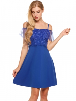 

Blue Cold Shoulder Ruffle Sleeve Layered Polka Dot Dress, Multicolor