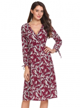 

Wine red Surplice Neck Long Sleeve Floral A-Line Dress, Multicolor