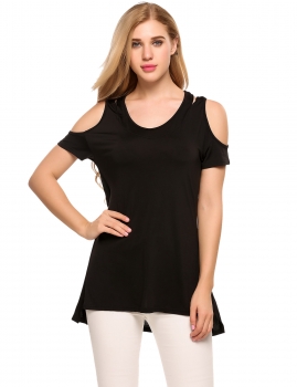 

Black Short Sleeve Cold Shoulder Solid Loose Asymmetric Hem Tops, Multicolor
