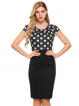 

Black O-Neck Cap Sleeve Patchwork Dot Pencil Dress, Multicolor