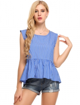 

Blue Stripes O-Neck Sleeveless Ruffles Loose Cotton Tops, Multicolor