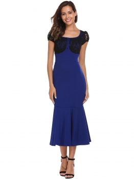 

Navy blue Cap Sleeve Lace Patchwork Fishtail Dress, Multicolor