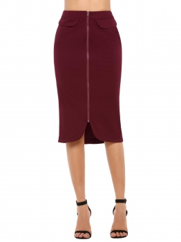 

Wine red High Waist Zipper Solid Midi Pencil Skirt, Multicolor