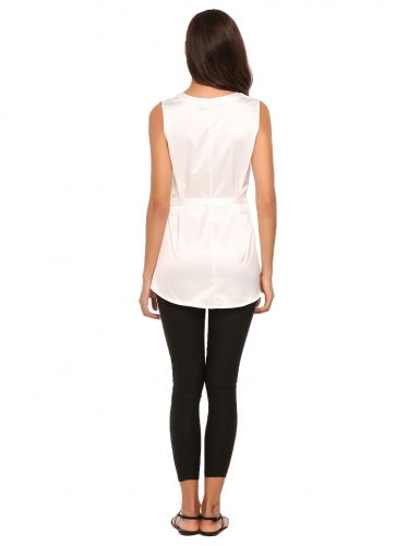 white v-neck sleeveless solid satin tops with belt