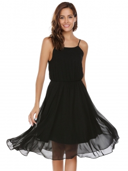 

Black Adjustable Spaghetti Straps Elastic Waist A-Line Pleated Dress, Multicolor