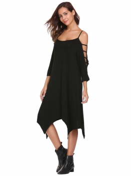 

Black Hollowed Out Sleeve Solid Asymmetrical Dress, Multicolor