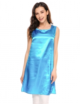 

Blue Solid Side Slit O-Neck Sleeveless Satin Tank Tops, Multicolor