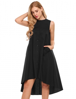 

Black Round Neck Sleeveless Button Down Asymmetrical A-Line Dress, Multicolor