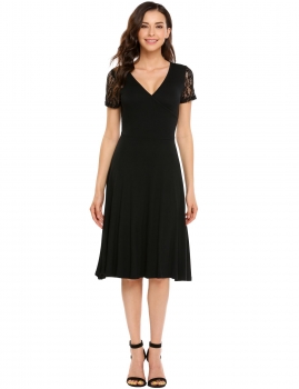 

Black Surplice Neck Lace Patchwork Short Sleeve Solid Pleated Dress, Multicolor