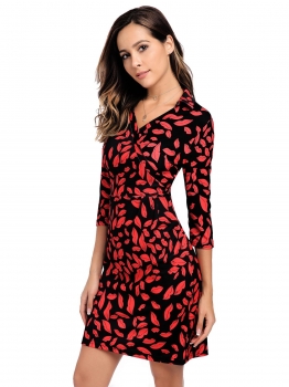 

Black Women 3"4 Sleeve V-neck Print Knee Fit and Flare Dress High Waist Slim, Multicolor