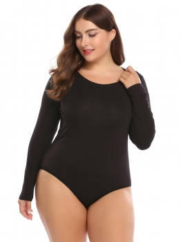 

Black Plus Size Round Neck Long Sleeve Solid Bodysuit, Multicolor