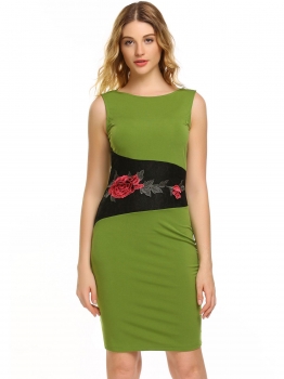 

Green Sleeveless Embroidery Patchwork Pencil Dress, Multicolor