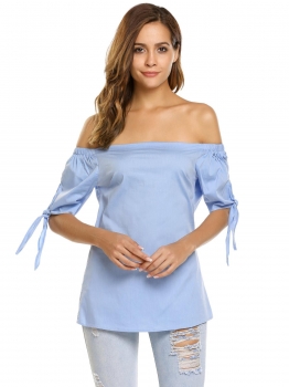 

Light blue Off the Shoulder Half Sleeve Solid Pullover Sexy Tops, Multicolor