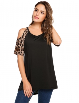 

Black Cold Shoulder Leopard Sleeve Patchwork Loose T-shirt, Multicolor
