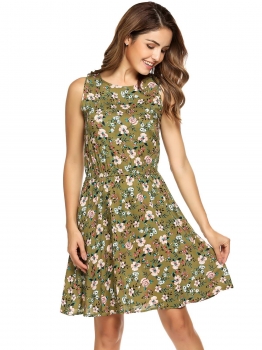 

Green O Neck Sleeveless Elastic Floral Short Dress, Multicolor