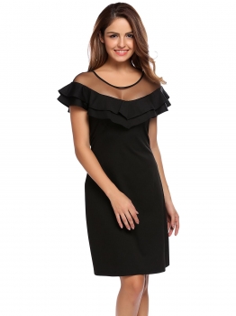 

Black Sheer Mesh Patchwork Layered Ruffle A-Line Short Dress, Multicolor